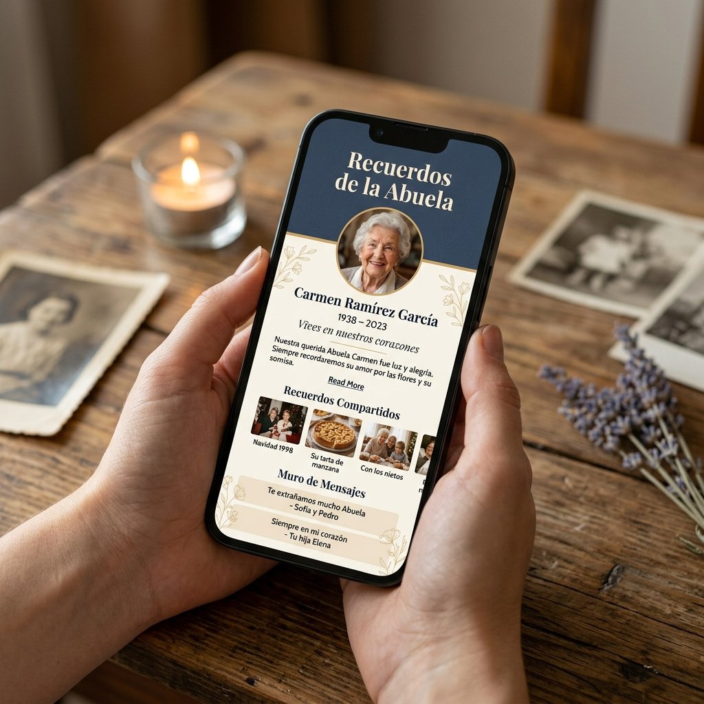 Memorial digital personalizado mostrado en smartphone