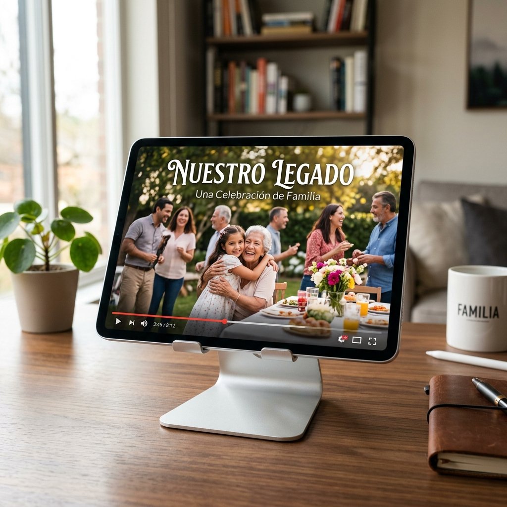 Video homenaje con fotografías familiares reproduciéndose en tablet